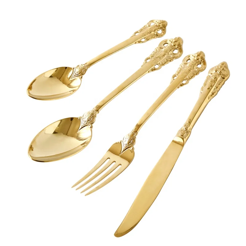 Wholesale luxury stainless steel wedding dinnerware cutlery set knife fork and spoon matte gold plated cutlery set, Gold flatware set
Wholesale luxury stainless steel wedding dinnerware cutlery set knife fork and spoon matte gold plated cutlery set, Gold flatware set