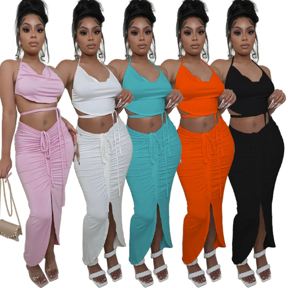 

DUODUOCOLOR Summer 2021 solid color draw cord wrinkle slit skirt crop top casual women two piece set D10661