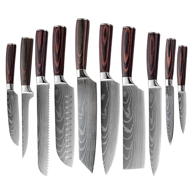 Professional 10pcs High Carbon Stainless Steel Wooden Handle Chef Knife Laser Damascus Pattern Kitchen Knife Set
Professional 10pcs High Carbon Stainless Steel Wooden Handle Chef Knife Laser Damascus Pattern Kitchen Knife Set