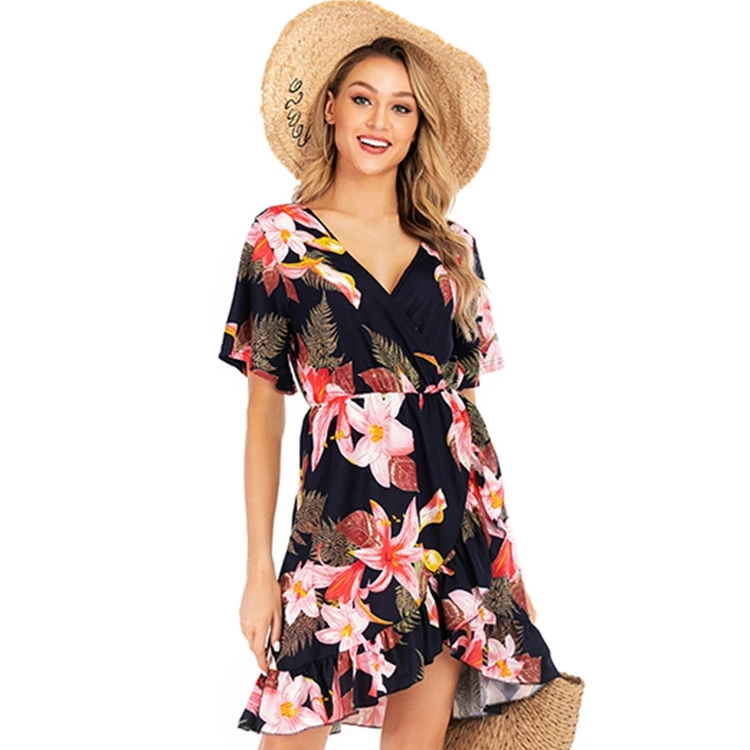 French Ladies Short Sleeve Printed V-neck Asymmetrical Elastic Waist Ruffle Dress, Blue
French Ladies Short Sleeve Printed V-neck Asymmetrical Elastic Waist Ruffle Dress, Blue