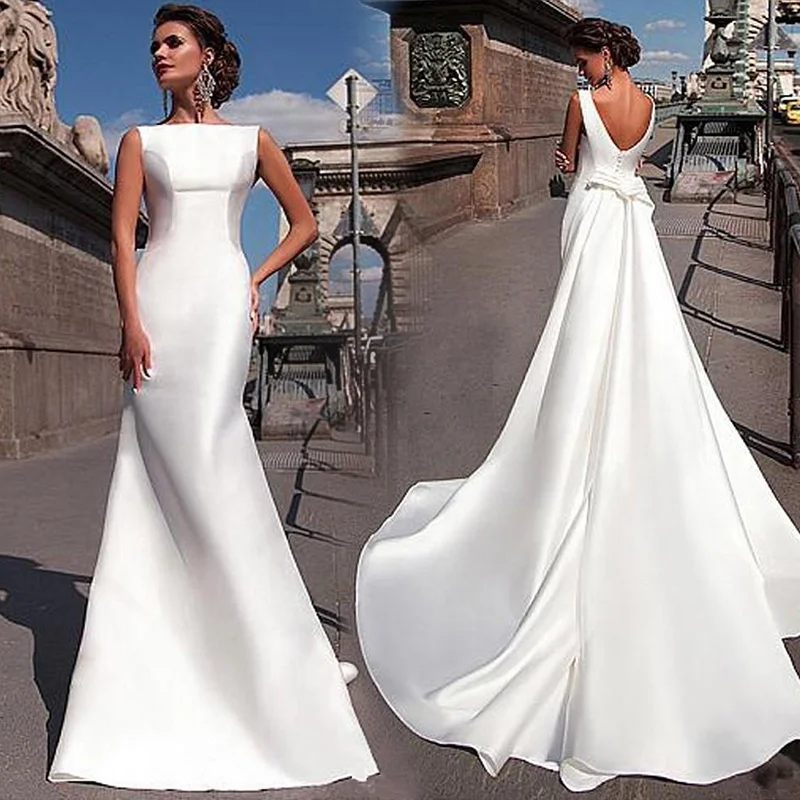Simple Satin Wedding Dresses Boat Neck Beach Bridal Gowns With Detachable Tail
Simple Satin Wedding Dresses Boat Neck Beach Bridal Gowns With Detachable Tail