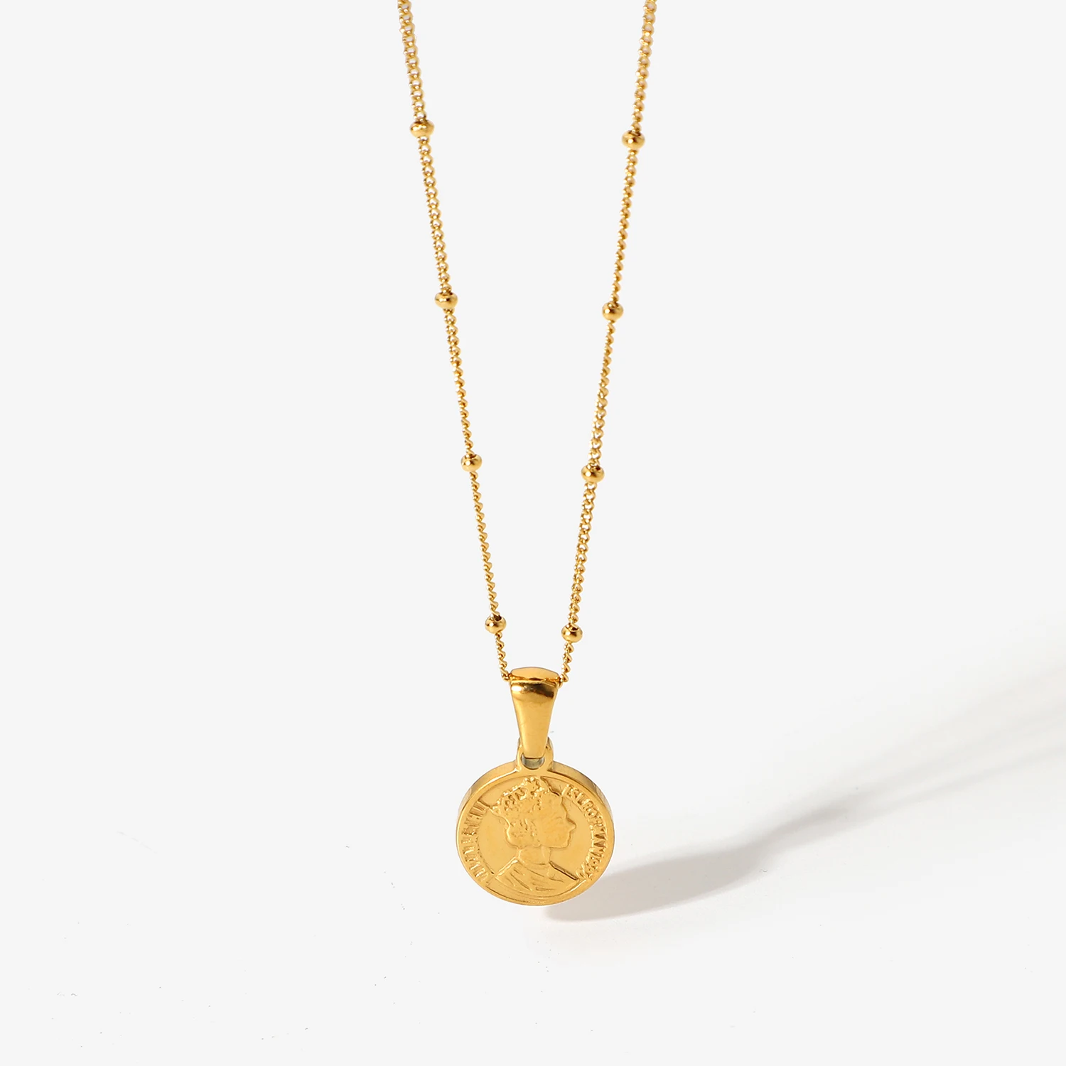 Retro Stainless Steel Women Jewelry 18K Gold Beads Chain Double Curved Queen Elizabeth Disc Coin Pendant Necklace
Retro Stainless Steel Women Jewelry 18K Gold Beads Chain Double Curved Queen Elizabeth Disc Coin Pendant Necklace