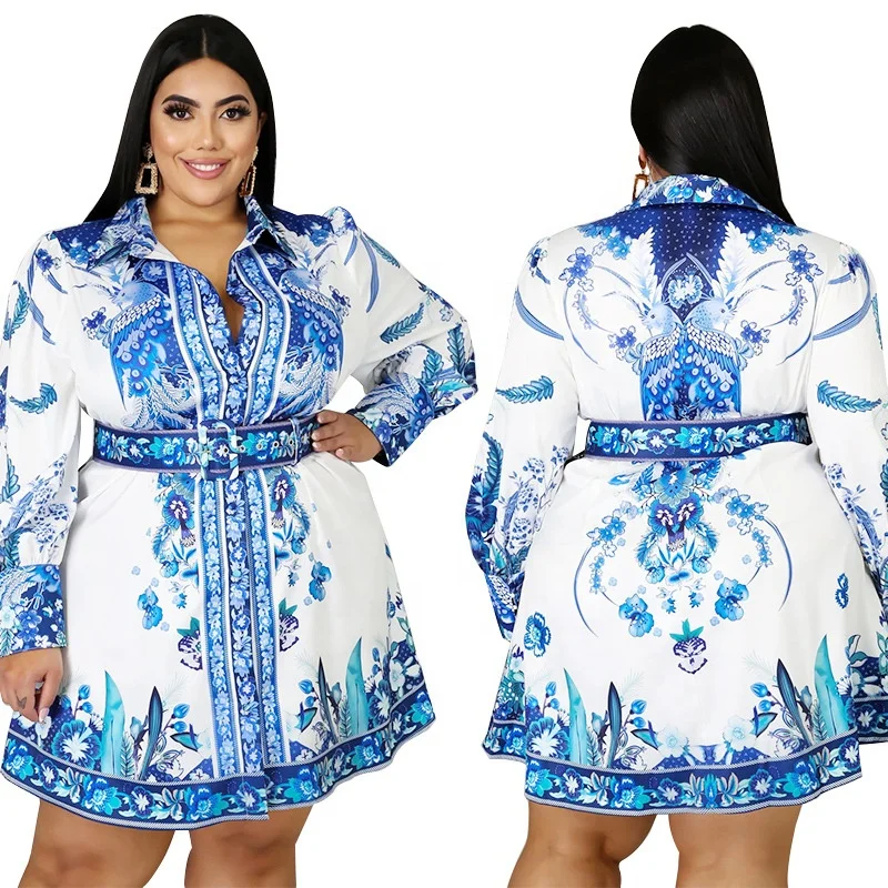Blue Print Long Sleeve Cardigan Belt Shirt Dress Clothing Fashion Fat Plus Size Women Dress
Blue Print Long Sleeve Cardigan Belt Shirt Dress Clothing Fashion Fat Plus Size Women Dress