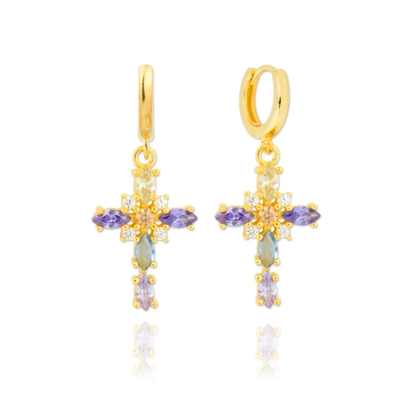 Luxury colorful diamond 18k gold plated fine jewelry beautiful designed cross drop earrings, Gold/white 
Luxury colorful diamond 18k gold plated fine jewelry beautiful designed cross drop earrings, Gold/white