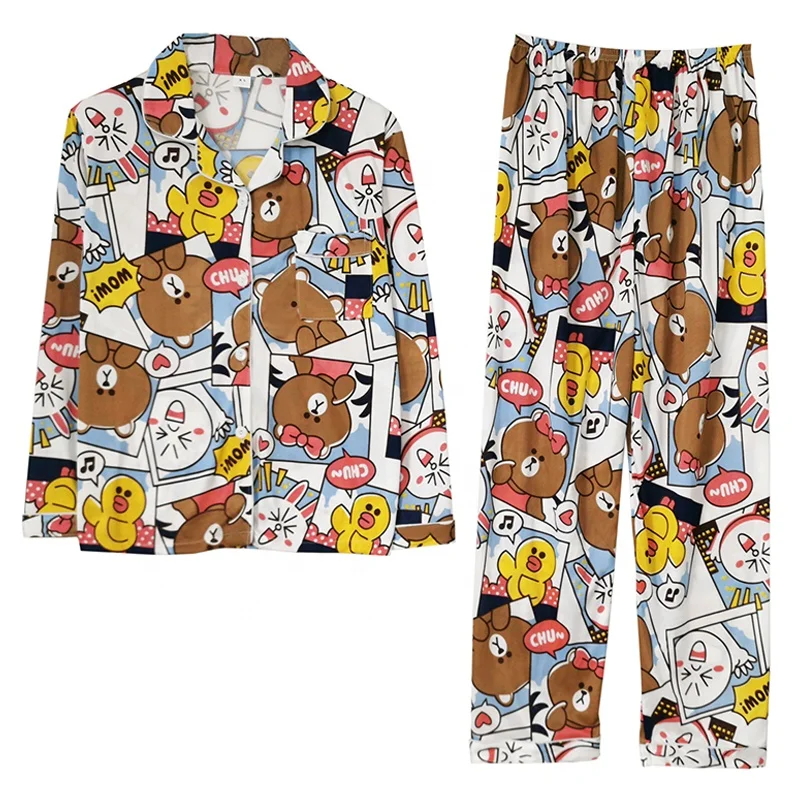 Wholesale women's home wear new spring and autumn cartoon cute women's pajamas cardigan lapel long sleeve trousers two-piece set 
Wholesale women's home wear new spring and autumn cartoon cute women's pajamas cardigan lapel long sleeve trousers two-piece set