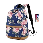 2019 fashion lady laptop Canvas rucksack Girls Backpack with USB Charging Port classic college School Bags
