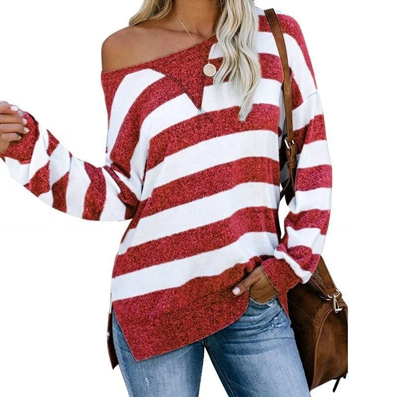 Women Striped Sweatshirt Tops Long Sleeve Casual Crew Neck Blouse T Shirt Top, Red blue gray green purple khaki
Women Striped Sweatshirt Tops Long Sleeve Casual Crew Neck Blouse T Shirt Top, Red blue gray green purple khaki
