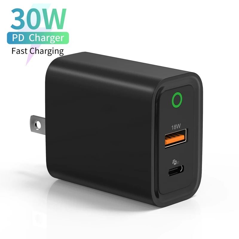 HUNDA black portable folding US plug 30W dual port PD 3.0 fast phone charger with green indicator light
HUNDA black portable folding US plug 30W dual port PD 3.0 fast phone charger with green indicator light