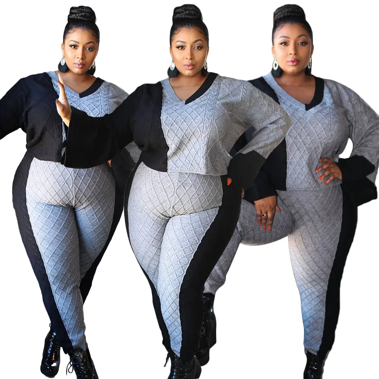 Plus Size Women's Casual Clothing V-neck Long-Sleeve Color Matching Sweater Trousers Suit women Plus Size Winter Warm Sweater, Black/gray
Plus Size Women's Casual Clothing V-neck Long-Sleeve Color Matching Sweater Trousers Suit women Plus Size Winter Warm Sweater, Black/gray