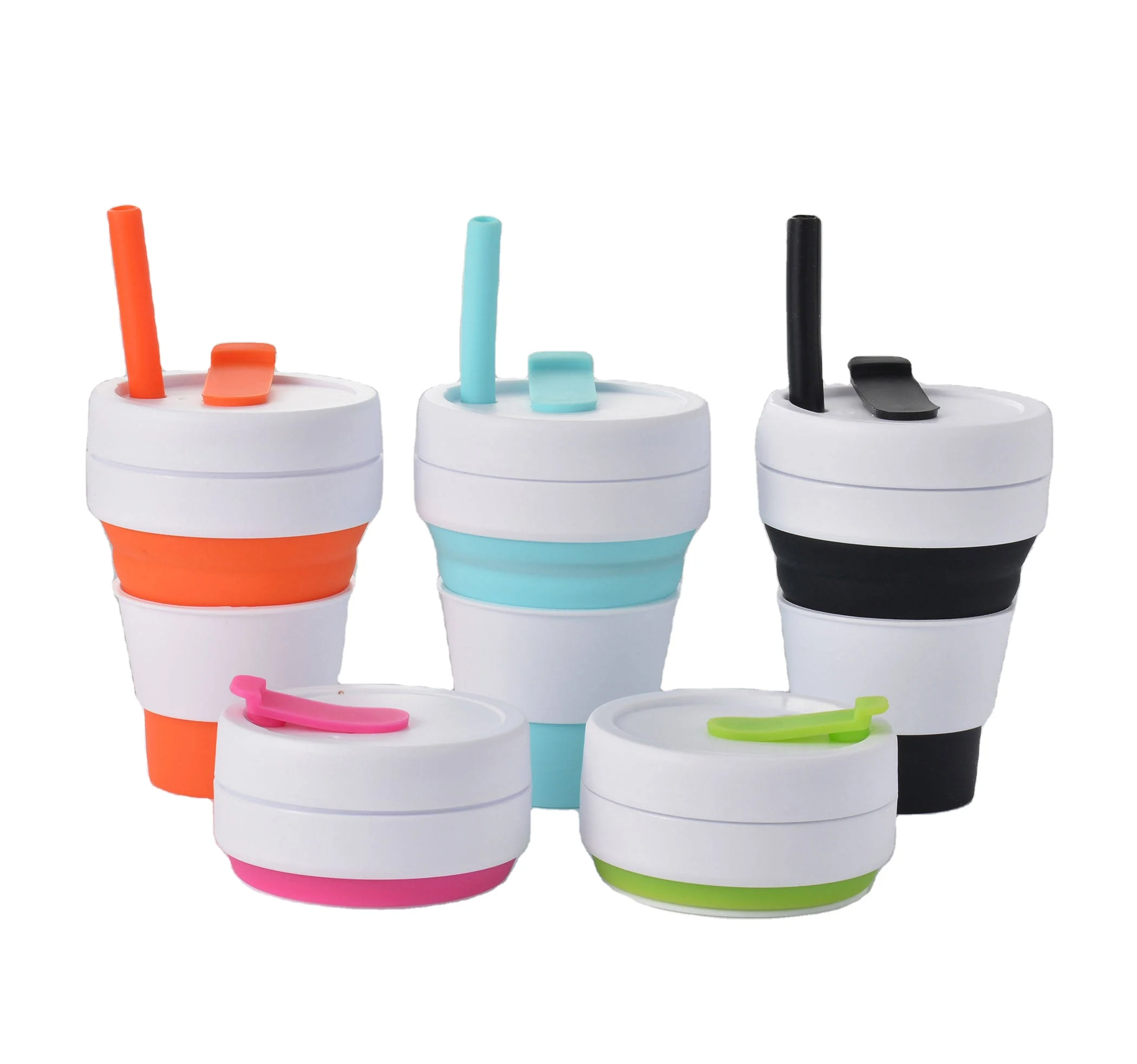 

Factory Hot Selling Bpa Free Silicone Cup Eco-Friendly Foldable Collapsible 350ml Travel Drinking Cup With Straw