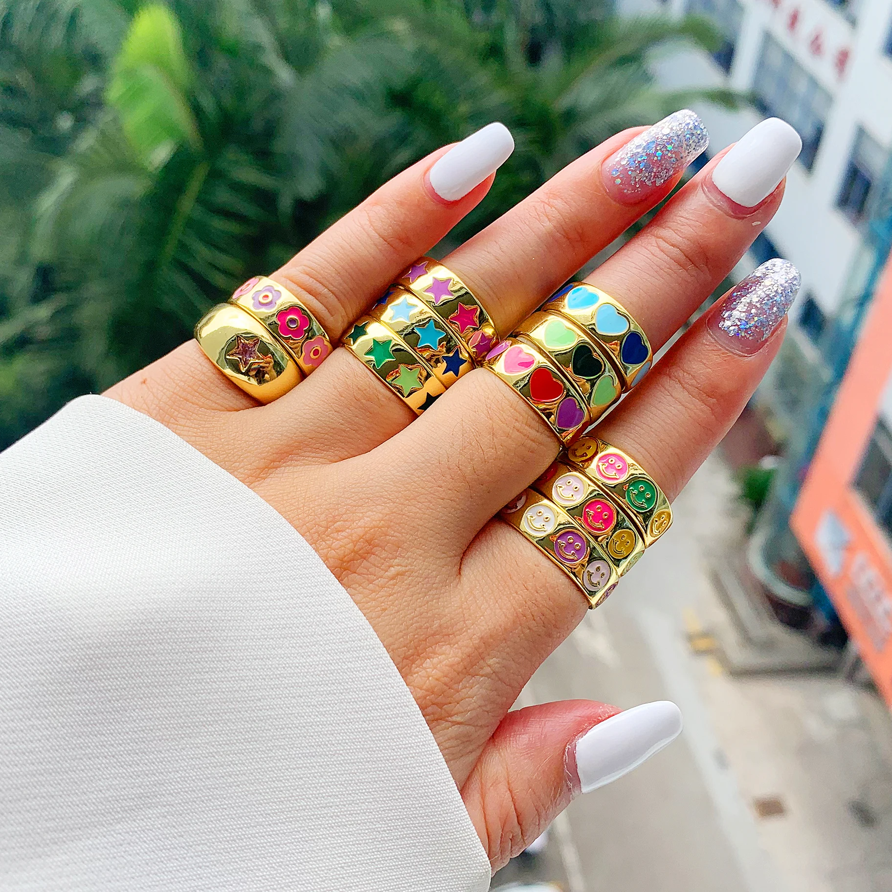 Drop Shipping Trendy 18K Gold Plating Rings Women Neon Colorful Star Smile Heart Brass Enamel Band Ring, Customized
Drop Shipping Trendy 18K Gold Plating Rings Women Neon Colorful Star Smile Heart Brass Enamel Band Ring, Customized