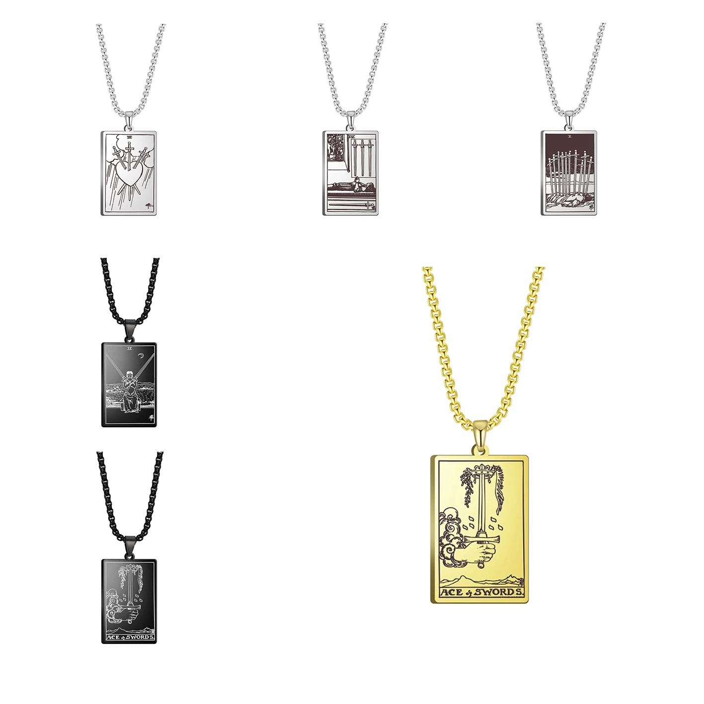 Vintage Stainless Steel Tarot Card Deck Necklace Custom Swords Amulet Pendant Necklace Real Gold Plated Women Men Jewelry Gift, Steel color,gold,black gun
Vintage Stainless Steel Tarot Card Deck Necklace Custom Swords Amulet Pendant Necklace Real Gold Plated Women Men Jewelry Gift, Steel color,gold,black gun