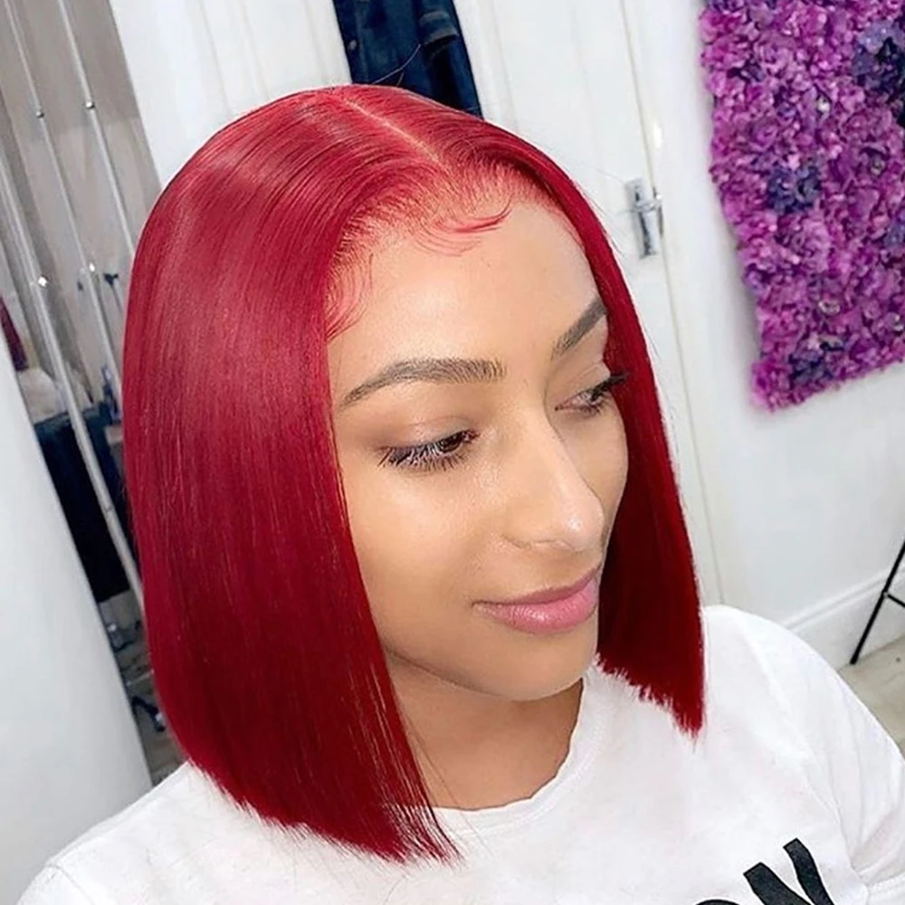 

Kbeth Red Colored Short Bob Lace Closure Wig 2021 Fashion Cute Red Color 150% Density Blunt Cut HD Lace Bob Wig For Black Women