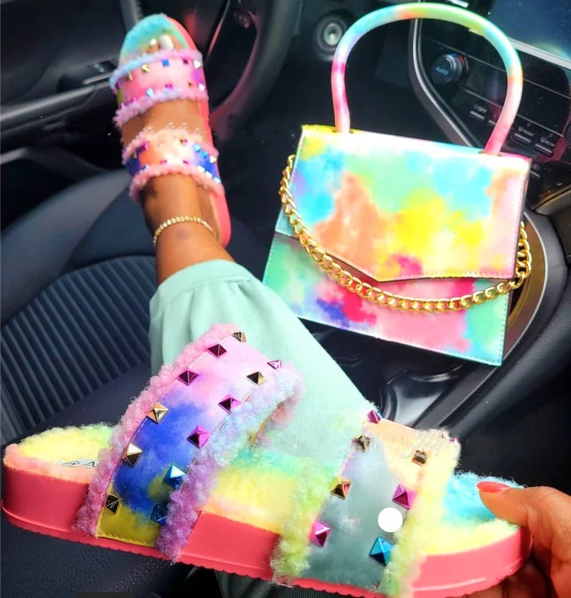 Rainbow color furry slider rivet sandals match purse set for ladies tie dye women shoes slides slippers and matching bag sets, Customized color
Rainbow color furry slider rivet sandals match purse set for ladies tie dye women shoes slides slippers and matching bag sets, Customized color