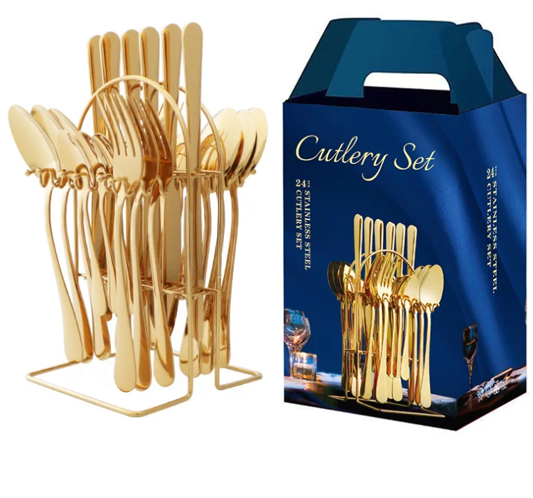 2021 New Arrivals hanging Stainless Steel cutlery set 24PCS Gold flatware set with metal rack
2021 New Arrivals hanging Stainless Steel cutlery set 24PCS Gold flatware set with metal rack