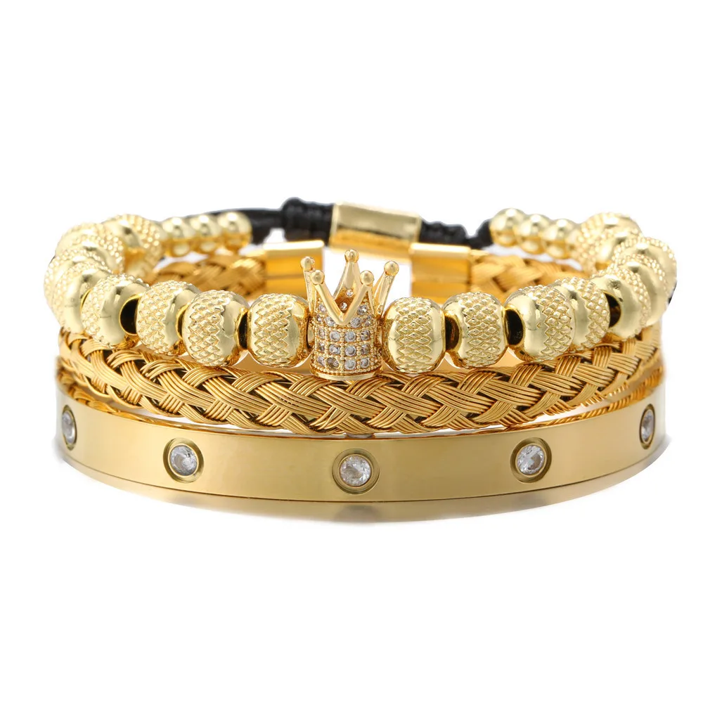 European New Design Handmade Jewelry 3Pcs/Set Micro Pave CZ Stainless Steel Cuff Bangle Men's Gold Crown Bracelet Set
European New Design Handmade Jewelry 3Pcs/Set Micro Pave CZ Stainless Steel Cuff Bangle Men's Gold Crown Bracelet Set