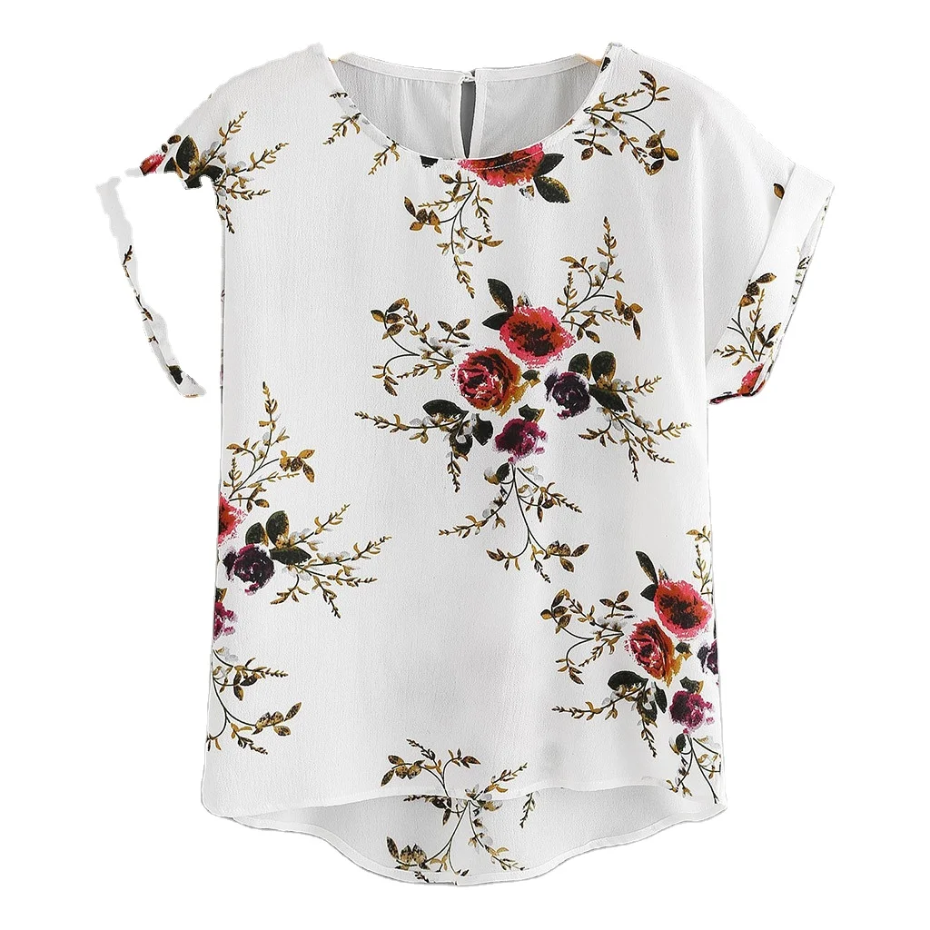 Ladies new round neck flower short-sleeved shirt irregular back neck button top 
Ladies new round neck flower short-sleeved shirt irregular back neck button top
