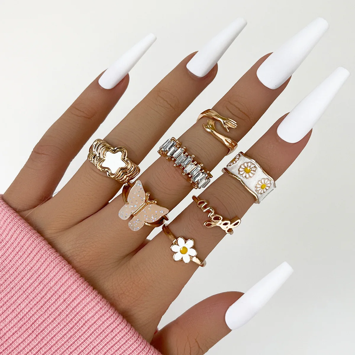 Wholesale Fashion Hot Sale Gold Plated Inlaid Diamond Star Butterfly Little Daisy Hug Letter Ring Set Jewelry For Women
Wholesale Fashion Hot Sale Gold Plated Inlaid Diamond Star Butterfly Little Daisy Hug Letter Ring Set Jewelry For Women