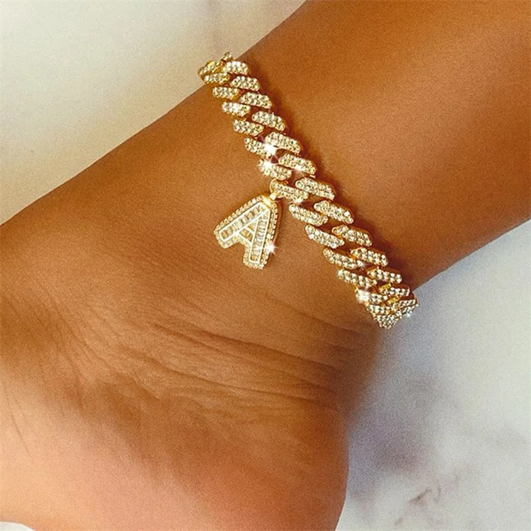 

Fashion Cuban Link Uppercase Gold Plated 26 Letter Initial Anklet Foot Jewelry For Women