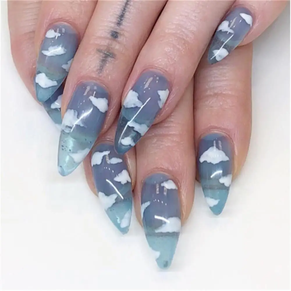 Salon Professional Stiletto Press On Nails Sky Blue Beach Designed False Nails Tips Gel Nails Kit Whosaler Vendor Customized
Salon Professional Stiletto Press On Nails Sky Blue Beach Designed False Nails Tips Gel Nails Kit Whosaler Vendor Customized