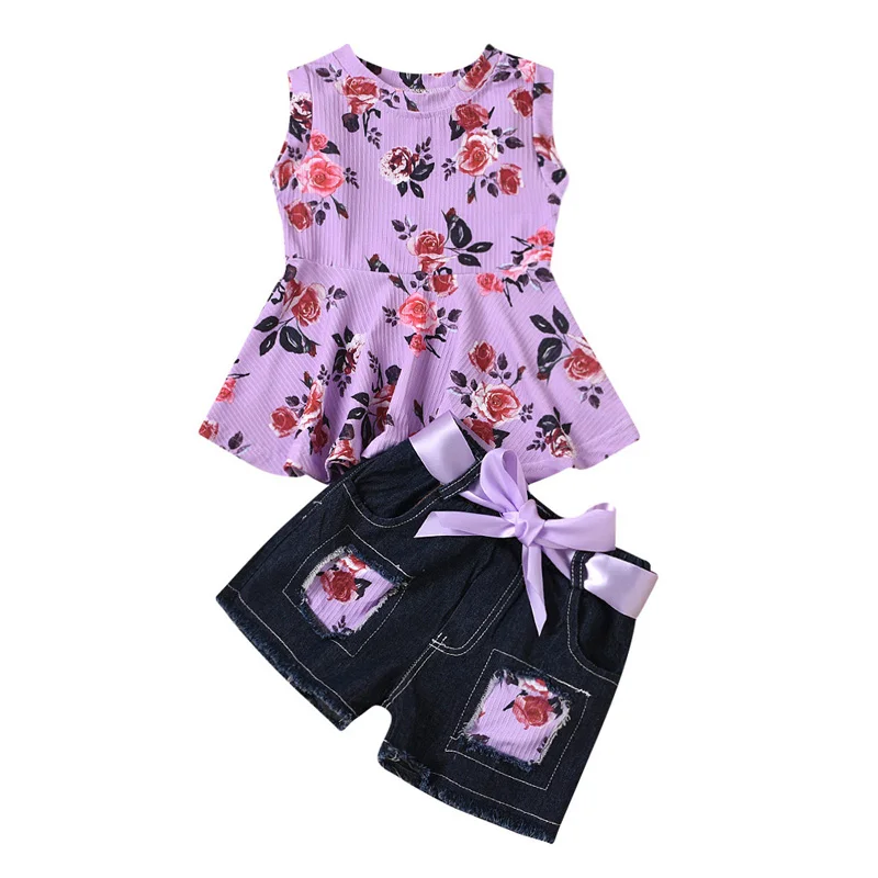 Summer baby kids Sleeveless floral dress girls clothing sets with denim shorts sets 2 pieces
Summer baby kids Sleeveless floral dress girls clothing sets with denim shorts sets 2 pieces