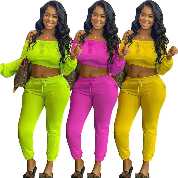 Custom sexy off shoulder solid color crop top with pants women sets two piece outfit, Customized
Custom sexy off shoulder solid color crop top with pants women sets two piece outfit, Customized