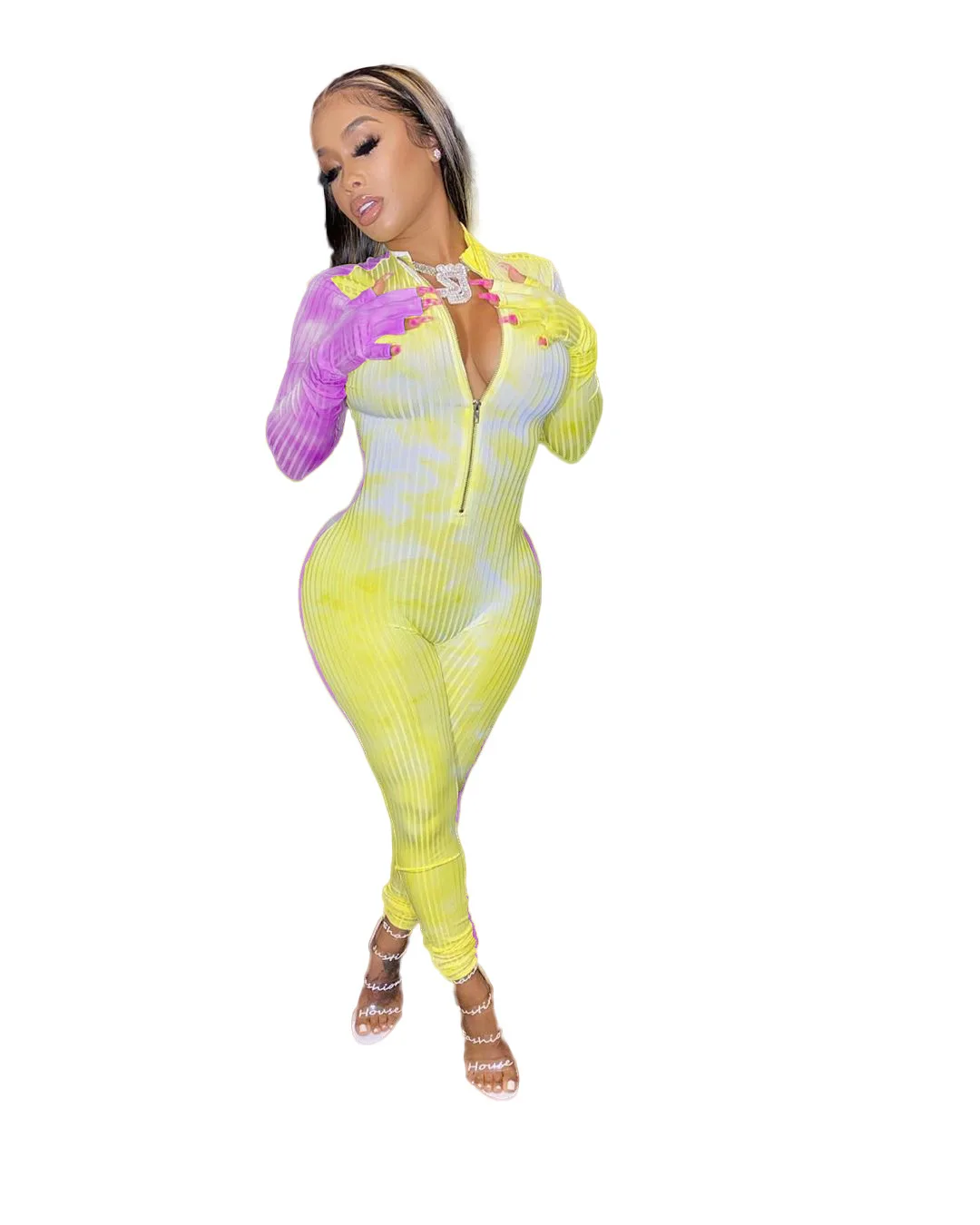 Women'S Autumn Tie Dye Zip Up Jumpsuit Rib Half Removable Flare Mitten Long Rompers, Yellow.green.pink
Women'S Autumn Tie Dye Zip Up Jumpsuit Rib Half Removable Flare Mitten Long Rompers, Yellow.green.pink