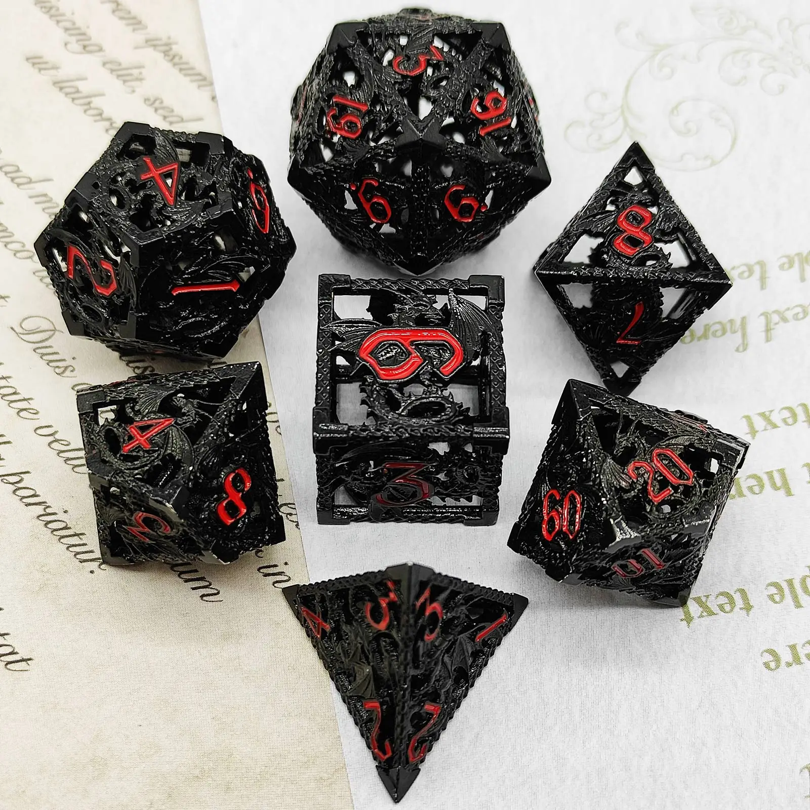 

custom black sharp edge polyhedral gemstone RPG MTG Dungeons and Dragons game d&d d20 d100 metal hollow dragon DND dice set