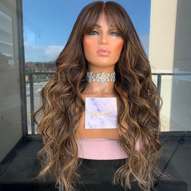 

Human Hair Wigs For Women Highlight Brown Color Body Wave Lace Front Wig With Bangs Fringe Preplucked Hairline Malaysia Remy