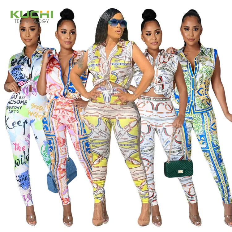 kuchi 2021 new arrival sleeveless t shirt and trousers suit casual print two piece set for women
kuchi 2021 new arrival sleeveless t shirt and trousers suit casual print two piece set for women