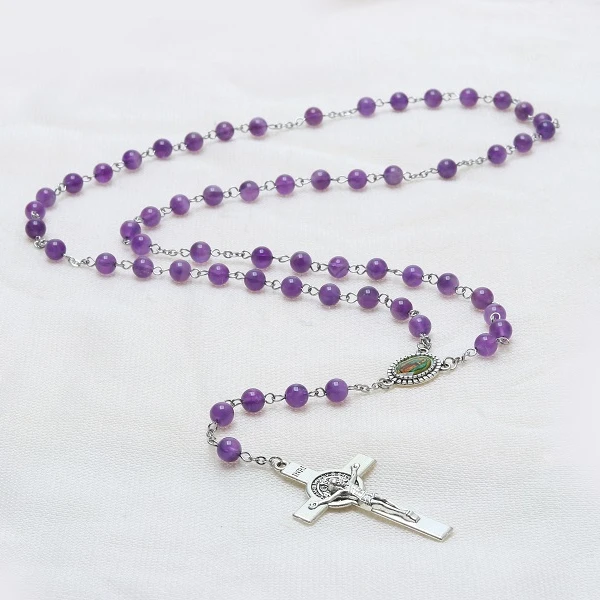 Natural stone amethyst rosary necklace religious catholic cross stainless steel necklace, Purple
Natural stone amethyst rosary necklace religious catholic cross stainless steel necklace, Purple