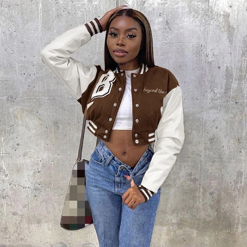 F66005 - 2021 fall fashion causal long sleeve color blocking short women baseball jacket
F66005 - 2021 fall fashion causal long sleeve color blocking short women baseball jacket