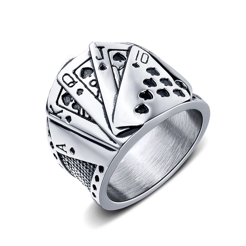 Fashion simple gentleman carved poker design hollow silver titanium steel stainless steel ring for men
Fashion simple gentleman carved poker design hollow silver titanium steel stainless steel ring for men