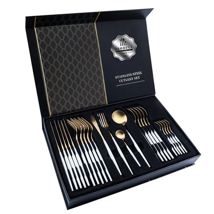 24 Piece Cutlery Set Fork Spoon Knife Stainless Steel Flatware 24 pcs Cutlery Set, Silver/gold/colorful handle with gold
24 Piece Cutlery Set Fork Spoon Knife Stainless Steel Flatware 24 pcs Cutlery Set, Silver/gold/colorful handle with gold