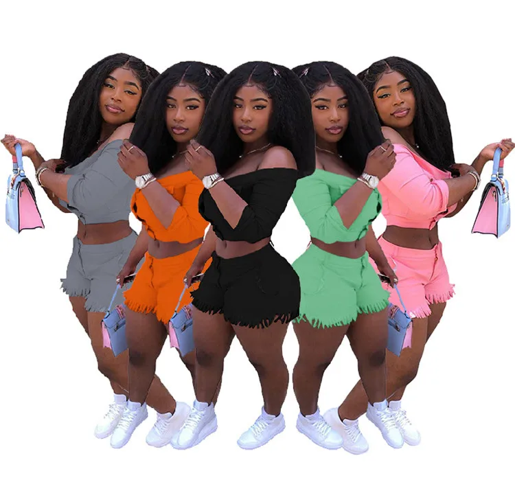 Sporty Fashion Active Wear Fitness Tracksuits Off Shouder 2 Piece Set Women Workout Crop Top Tassel Shorts Matching Set, As picture
Sporty Fashion Active Wear Fitness Tracksuits Off Shouder 2 Piece Set Women Workout Crop Top Tassel Shorts Matching Set, As picture