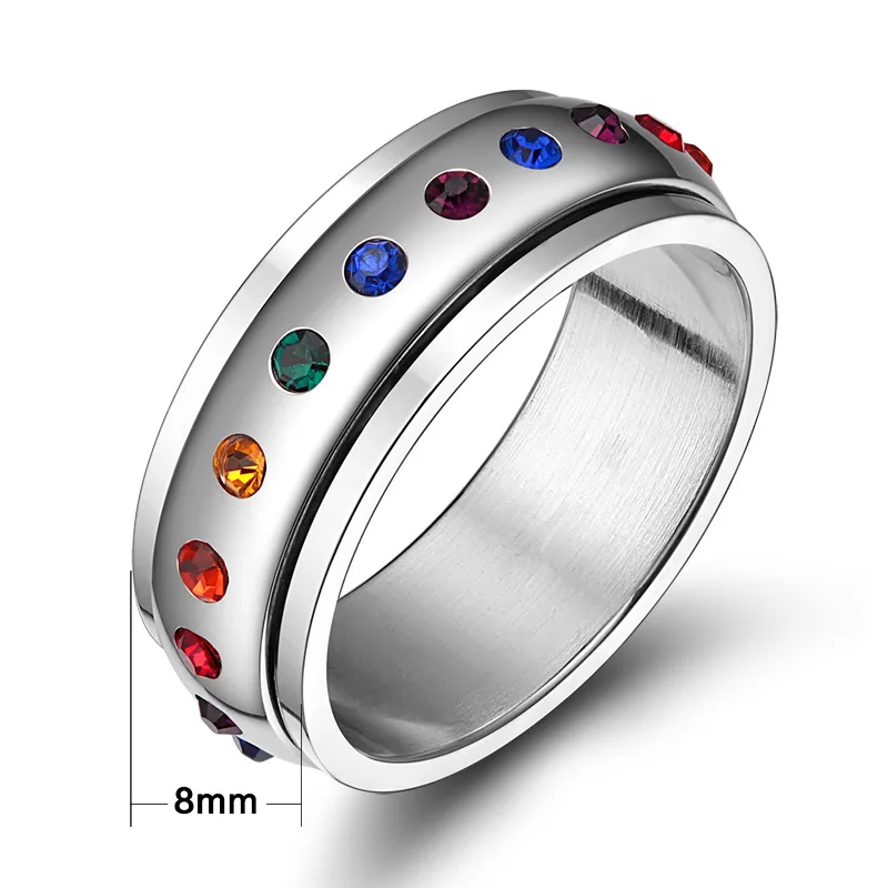 

Women's Titanium Steel Ring with Rainbow Rotating Encased Zircon Engagement Jewelry Featuring Inlay Setting Main Stone