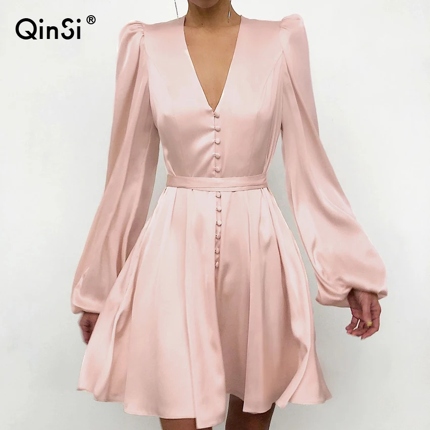 QINSI Mini Dress Lantern Sleeve Ladies Pink Elegant Single-Breasted Satin A-Line Dress Women V-Neck Spring Pleated Dresses
QINSI Mini Dress Lantern Sleeve Ladies Pink Elegant Single-Breasted Satin A-Line Dress Women V-Neck Spring Pleated Dresses