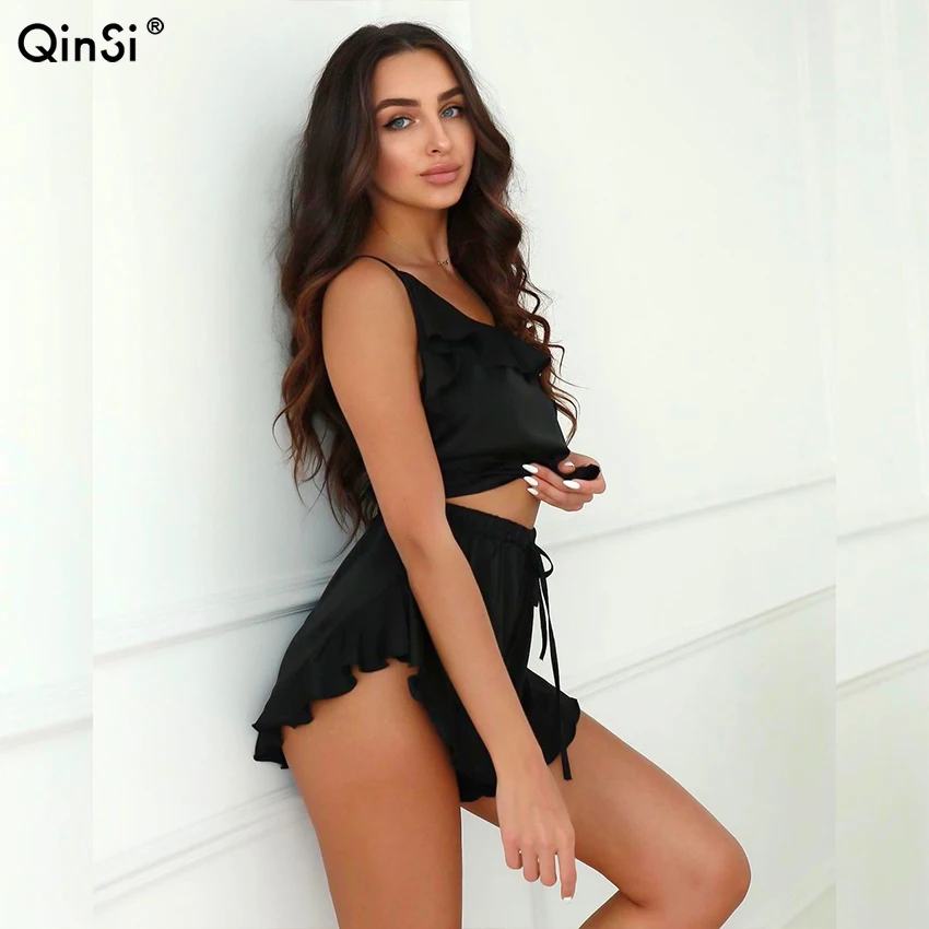 QINSI 2022 Spring Casual Female Night Suits With Shorts Satin Spaghetti Strap Crop Top Women 2 Piece Set Ruffle Pajamas
QINSI 2022 Spring Casual Female Night Suits With Shorts Satin Spaghetti Strap Crop Top Women 2 Piece Set Ruffle Pajamas