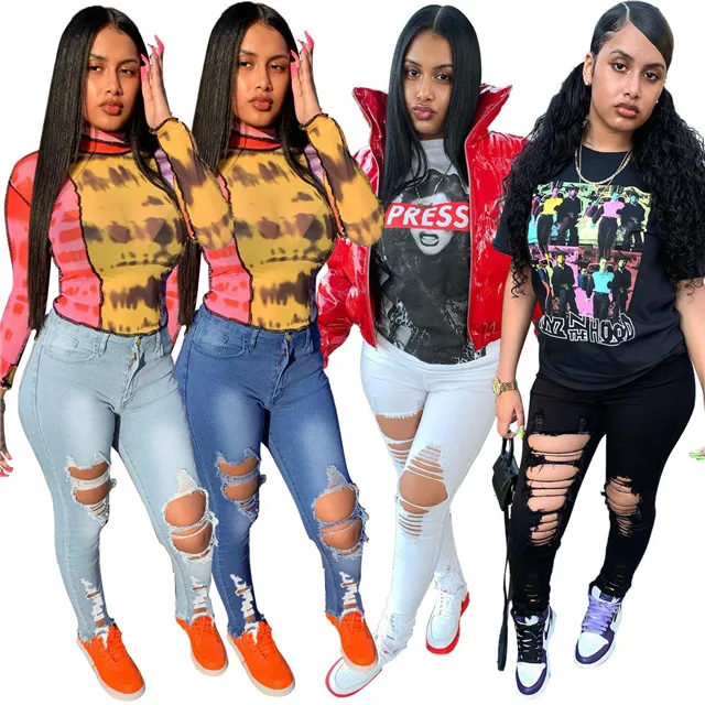 2021 spring fashion trend new sexy ripped denim pants, Picture color 
2021 spring fashion trend new sexy ripped denim pants, Picture color