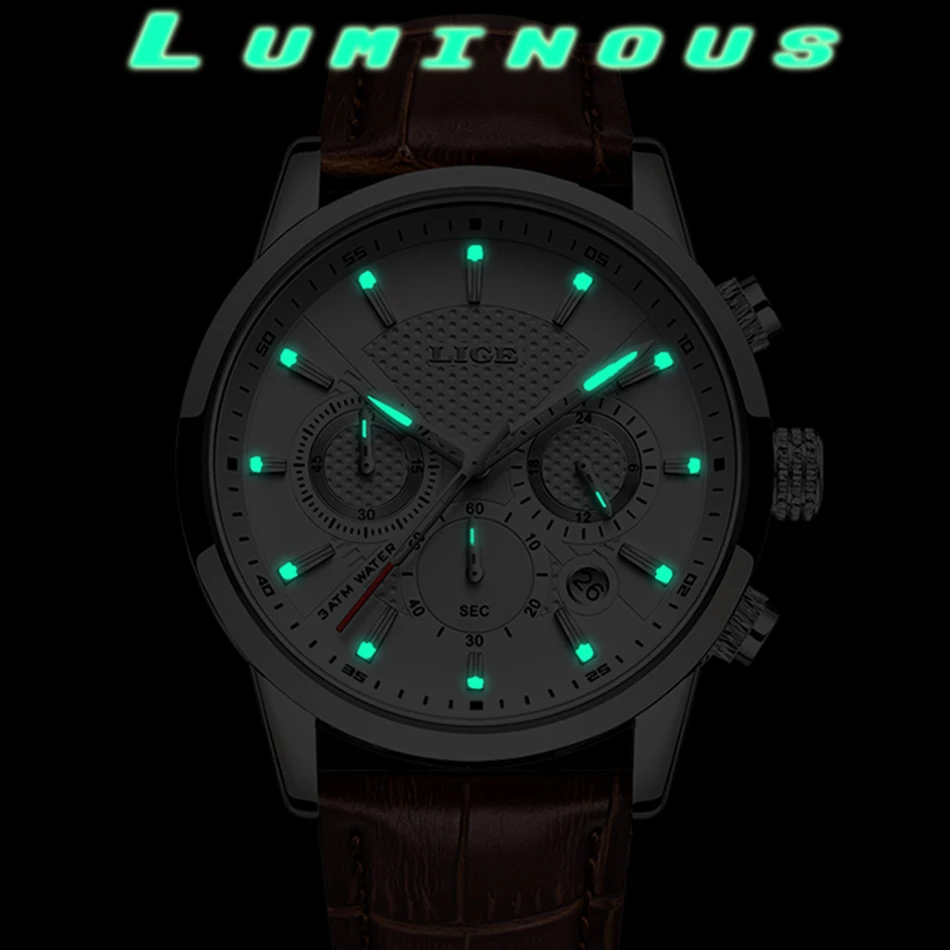 LIGE 9866 classic High Quality Watch Quartz Chronograph Leather Waterproof