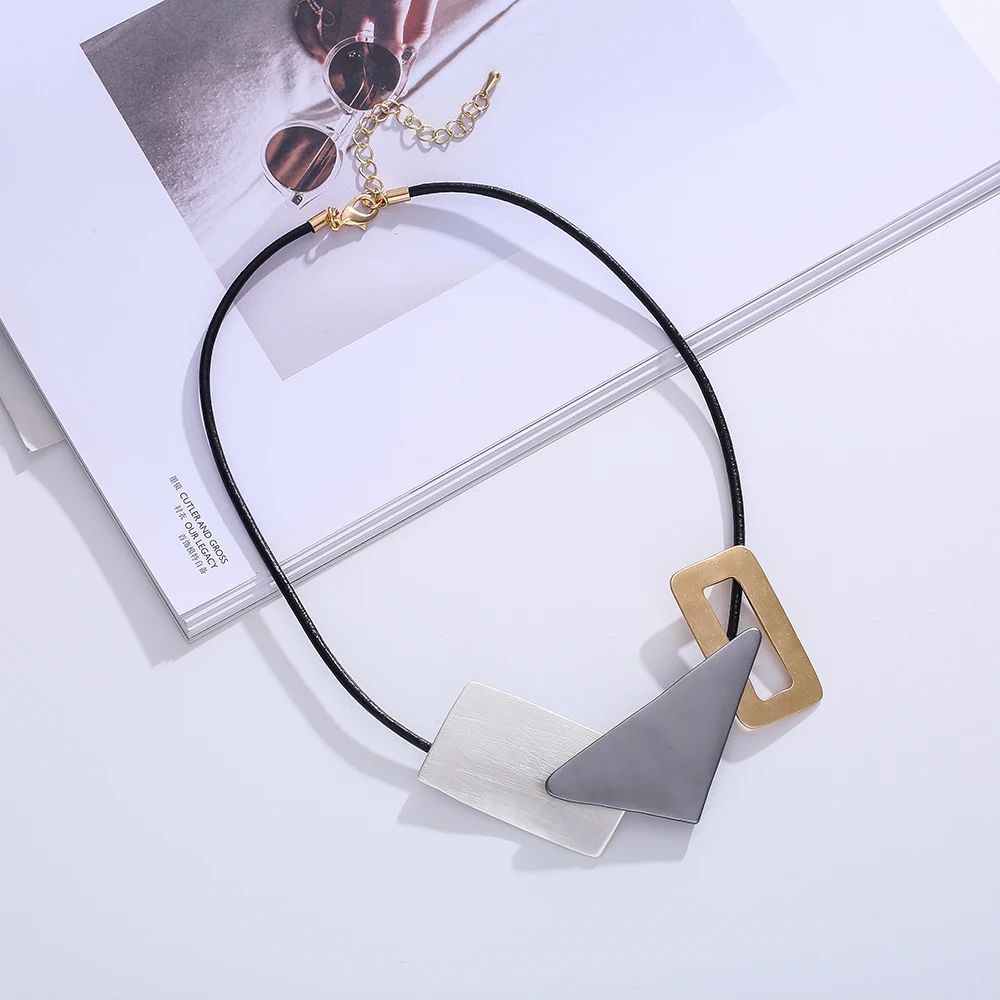 

TongLing necklace alloy black thin leather rope strand string big gold triangle silver grey square block women choker necklace