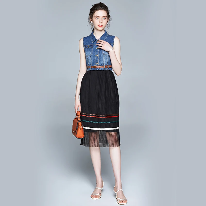 Summer French denim dress 2021 new sleeveless denim stitching mesh female dress high waist temperament lady mid skirt
Summer French denim dress 2021 new sleeveless denim stitching mesh female dress high waist temperament lady mid skirt