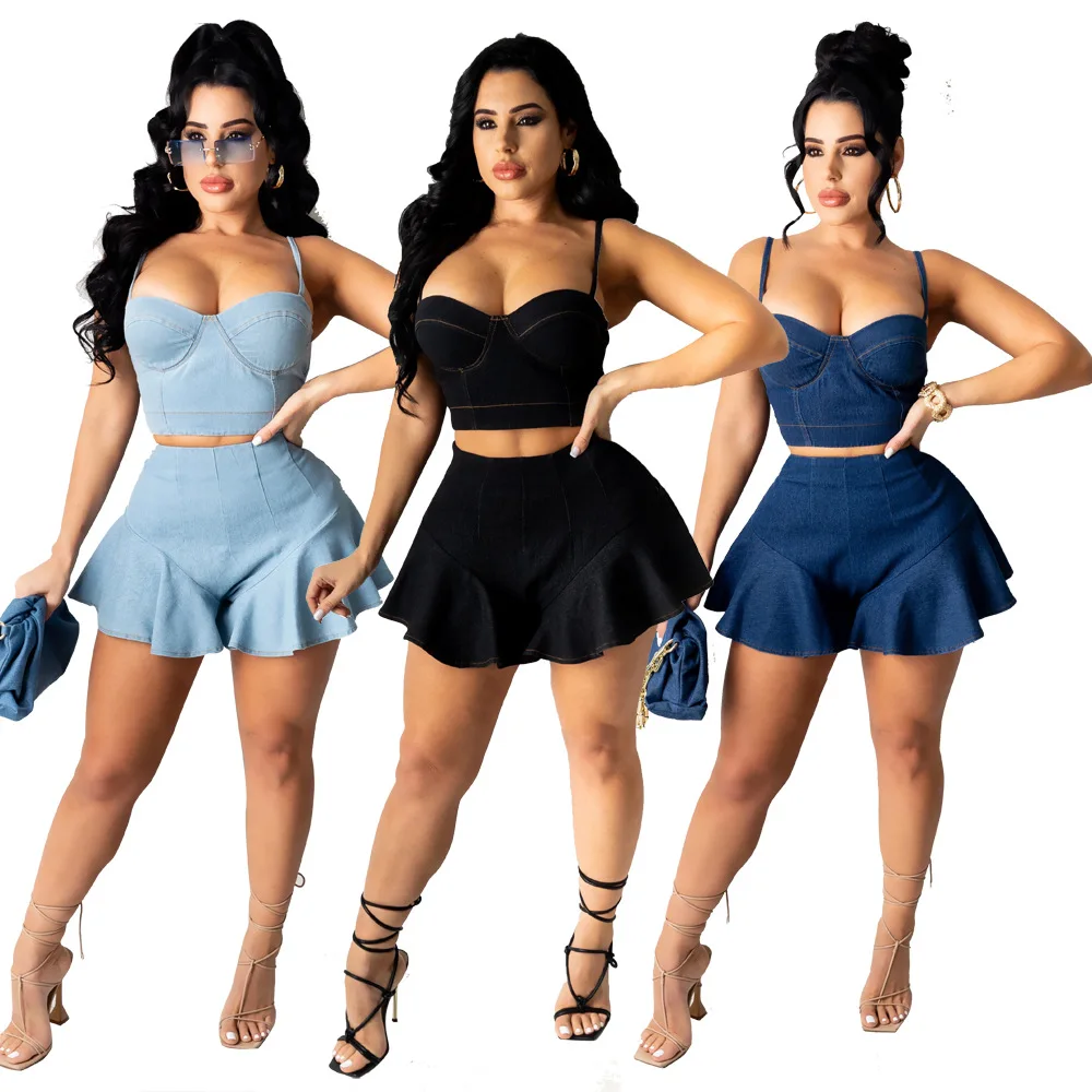 

BS-1266 Summer Fashion Casual Women'S Suspenders Wrapped Chest Culottes Activity Buckle Denim Two-Piece Suit, 3 colors