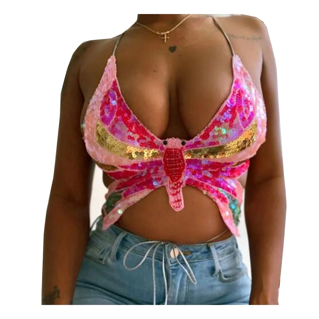 Sequin Butterfly Crop Top Women Summer Fashion V neck Backless Bandage Halter Tank Top
Sequin Butterfly Crop Top Women Summer Fashion V neck Backless Bandage Halter Tank Top