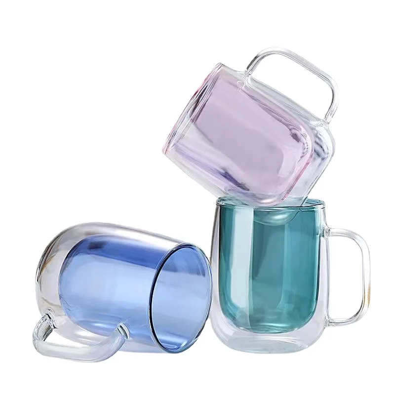 350ml hot selling high borosilicate glass double wall glass cups with colorful handle
350ml hot selling high borosilicate glass double wall glass cups with colorful handle