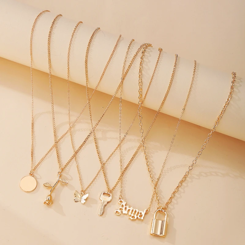 Simple 6 pcs multilayer necklace set gold lock butterfly rose flower pendant necklace
Simple 6 pcs multilayer necklace set gold lock butterfly rose flower pendant necklace