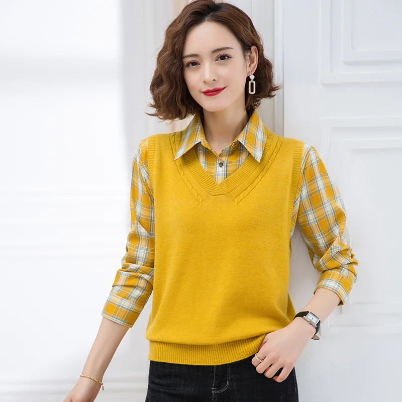 Shirt collar women's knitted sweater long-sleeved two-piece pullover blouse loose stitching casual women's spring and autum
Shirt collar women's knitted sweater long-sleeved two-piece pullover blouse loose stitching casual women's spring and autum