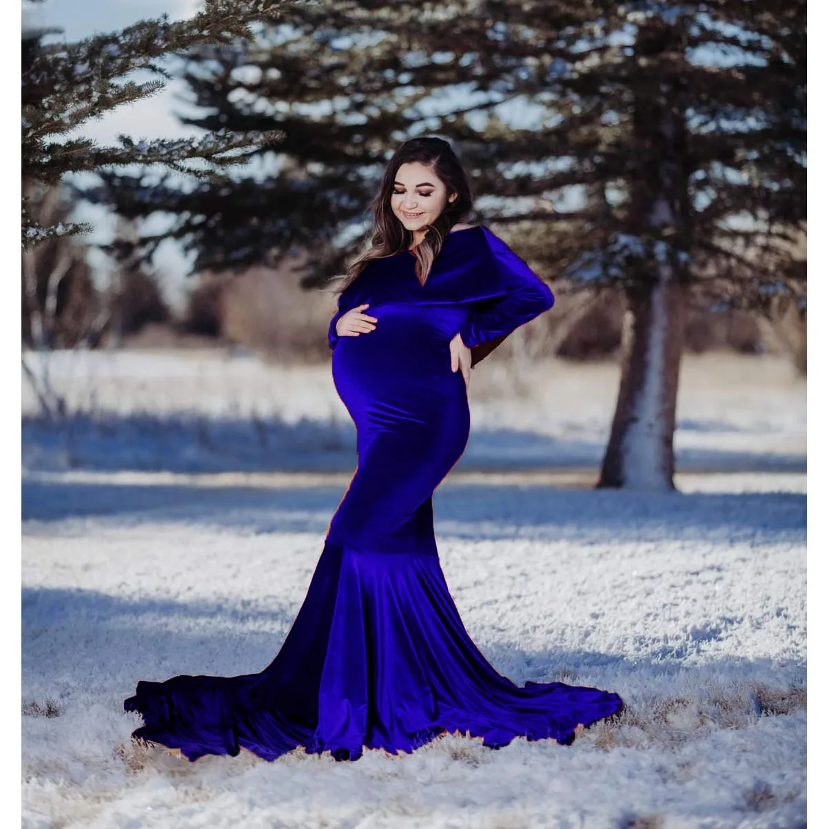 European and American women's autumn winter velvet maternity dress with flounces neck long sleeves and tail photography dress, As picture
European and American women's autumn winter velvet maternity dress with flounces neck long sleeves and tail photography dress, As picture