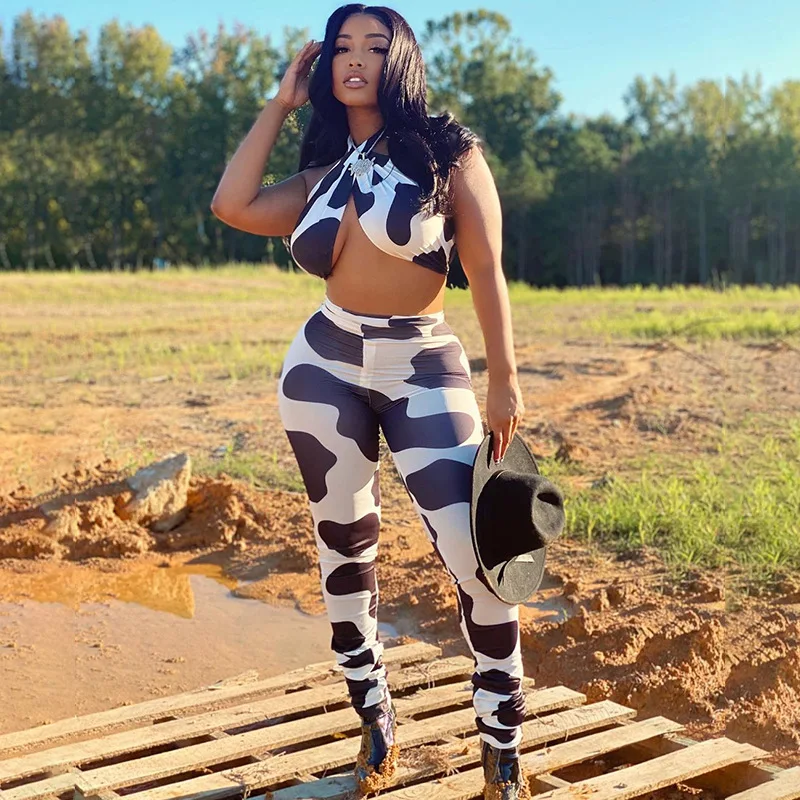 Spring new trousers with waist and cross halter cow color slim 2 piece sets for women
Spring new trousers with waist and cross halter cow color slim 2 piece sets for women