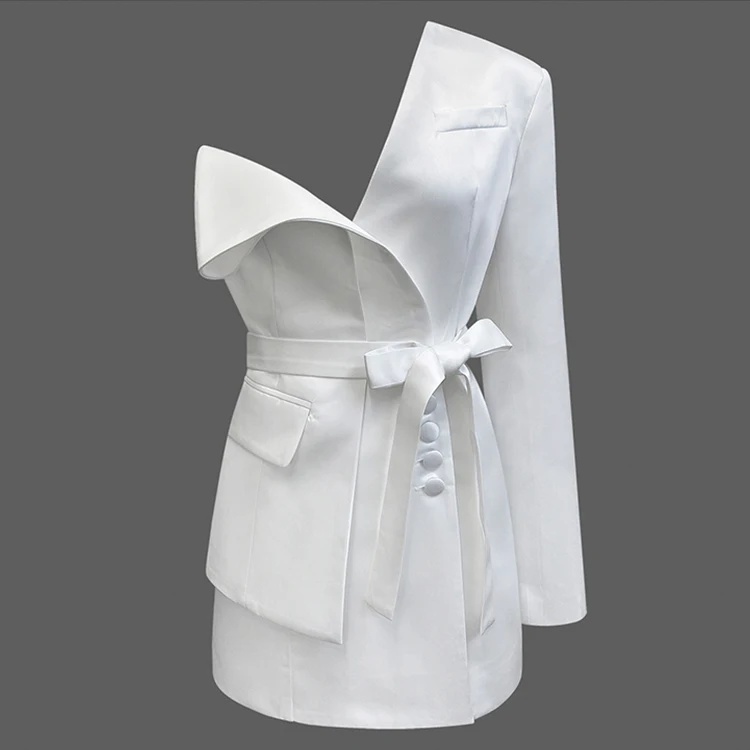 One-shoulder sexy ladie's white blazer suit self belted party suit dress for women, White(can be customized)
One-shoulder sexy ladie's white blazer suit self belted party suit dress for women, White(can be customized)